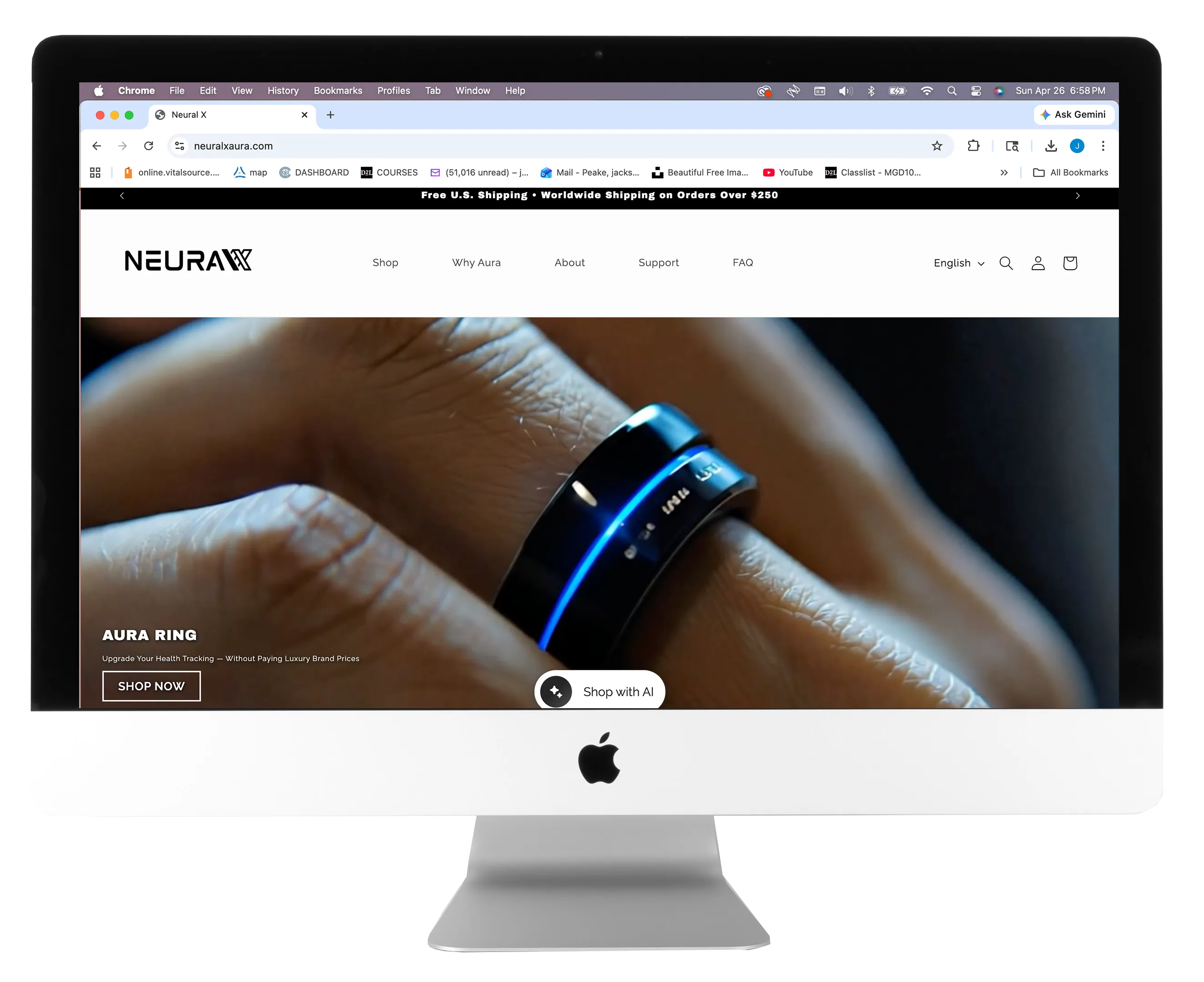NeuralXAura Shopify ecommerce website displayed on a desktop computer